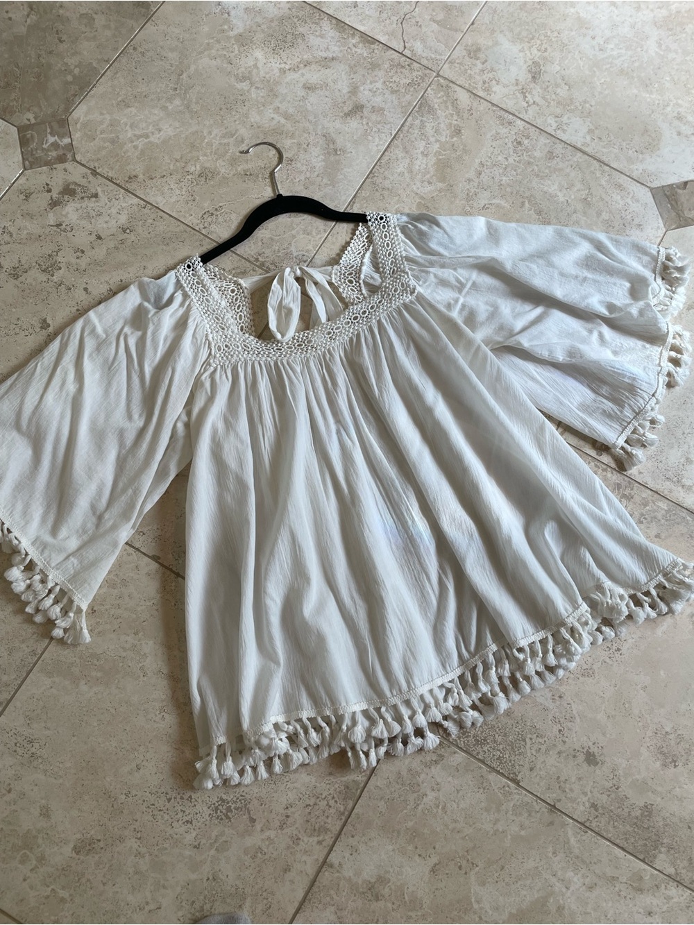 Boho White Tassel Peasant Top